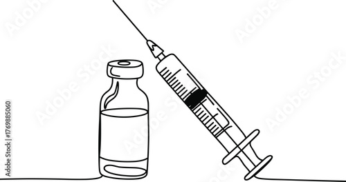 Medical syringe and vial, black and white line drawing, vaccination sketch, minimalist healthcare icon, injection concept, clinical illustration