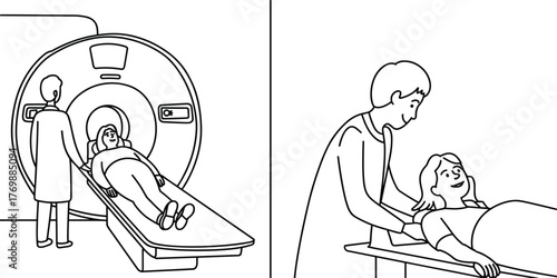 MRI scan, physical examination, black and white line drawing, healthcare procedure, diagnostic scene, medical sketch, patient care, hospital setting