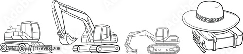 Bulldozer, excavator, compact loader, suitcase with hat, black and white line drawing, construction equipment, travel theme, work and leisure contrast
