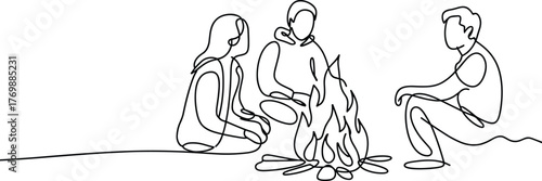 Campfire gathering, black and white line drawing, outdoor scene, minimalist sketch, social connection, continuous line art, warmth and community