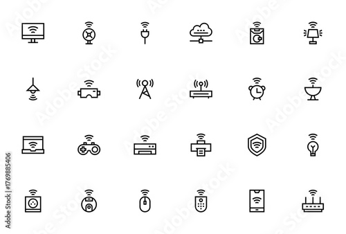 Internet Of Things icon set. Smart device vector icos. Featuring monitor, fan,plugs, cloud computing, wahing machine, lamp, VR, roter, alarm, satellite and ore.