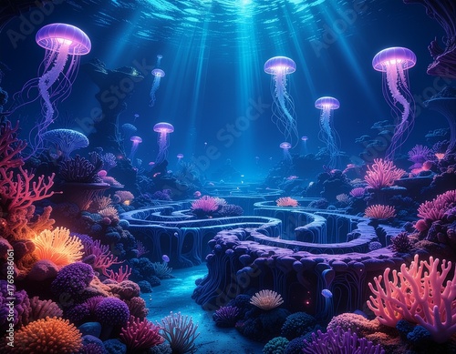 Underwater scene with coral reef and jellyfishes. 