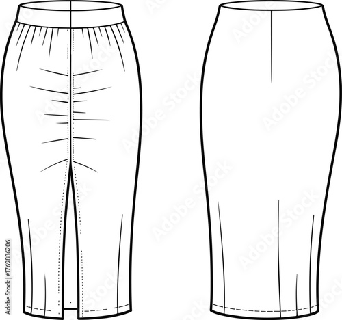 Ruched pencil skirt, high waist, center back slit, fitted silhouette, seam detail, fashion flat, CAD drawing, vector illustration, garment sketch