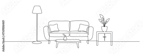 Continuous one line drawing of Sofa with lamp lampshade and home plant. Modern interior and heim furniture in simple Linear style. Doodle outline vector illustration