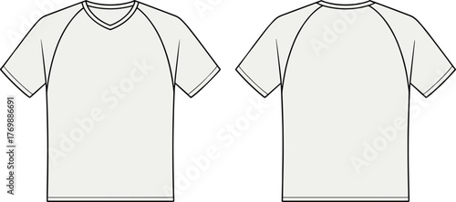 V-neck T-shirt, raglan sleeve, front and back view, fashion flat, garment sketch, clothing design, CAD drawing, vector illustration, technical template