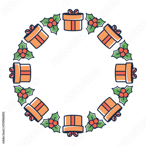 Simple Christmas circle frame. Cute holiday wreath on white background. Round border design with xmas icons. Vector illustration for winter decorations, banners, stickers, advertising, Christmas sales