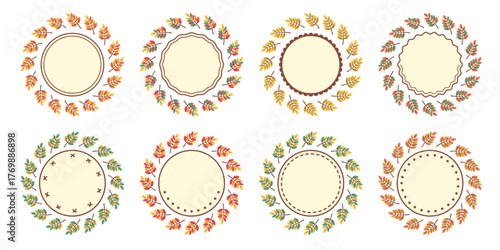 Fall leaves circle frame. Set of Autumn Circular sheets wreath. Seasonal round border isolated on white background. Vector  flat illustration for greeting cards, invitations, posters