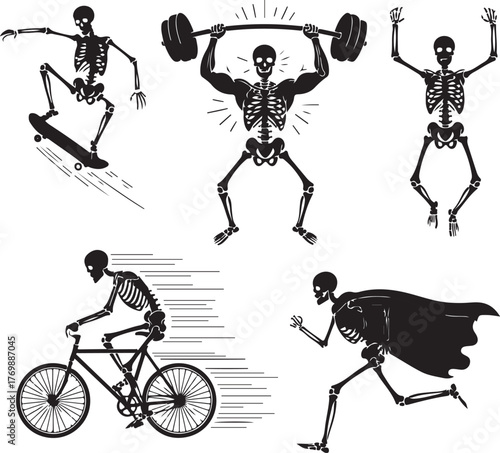 Active Skeletons Set Dynamic Illustrations of Sports and Fitness Activities like Weightlifting, Skateboarding, Cycling, Running, and Jumping Figures