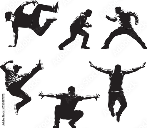 Dynamic Silhouettes of Men, Urban Dance Moves, Breakdance, and Athletic Poses in Black and White Vector Style