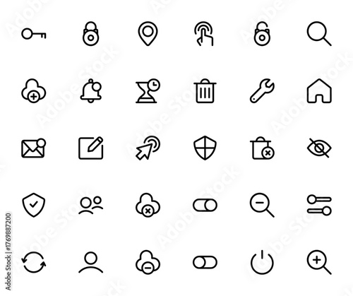 Web Buttons icon set. Minimal vector UI controls. Inludes Key, Padlock, Cloud,Notification, Settings, Usr, Email, and more. Editabe stroke.