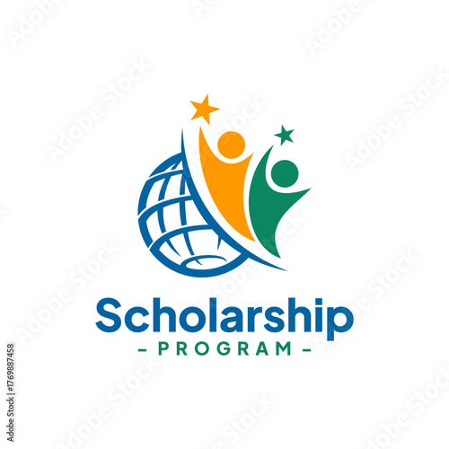 Globe and Two People Reach Stars Logo Design Vector. Concept of school education scholarship, academic, campus, university and college.