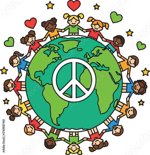 Diverse children unite around globe symbolizing peace global harmony and unity kids holding hands in circle vector