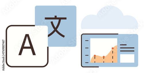 A language letter icon, translation symbol, and analytics graph on a cloud background. Ideal for translation, globalization, language learning, cloud computing, data analysis, education modern