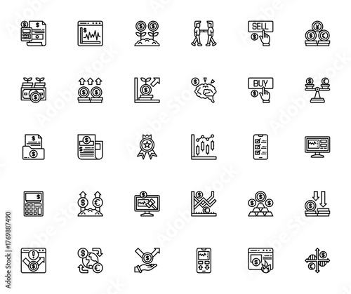 Trading icon set. Business vector icons pack. Includs symbols for profit, loss currency, chart, gold, moey, trade, growth and more Editable stroke.