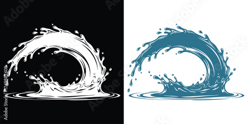 Dynamic water wave splashing artfully in black white and blue for your designs