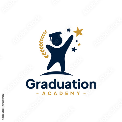 Kids Student Reach Star With Laurel Wreath Logo Design Vector. Success Logo. Concept of school education, academic, campus, university and college.