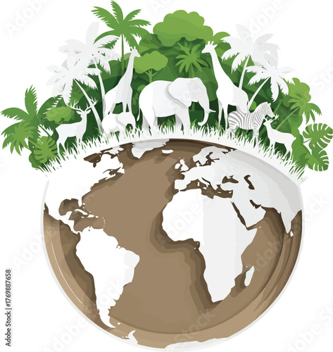 Planet earth ecosystem wildlife habitat conservation biodiversity nature forest jungle animals giraffe elephant nature conservation world globe vector