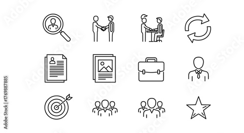 Minimal thin line web icon set for headhunting and recruiting, including icons for job interview, career path, resume, handshake, target, briefcase, team, and star, representing professional services