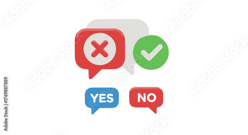 Vivid 3D illustration featuring a red speech bubble with a white 'X' icon symbolizing rejection, alongside a green speech bubble with a white checkmark indicating approval, and separate blue 'YES'