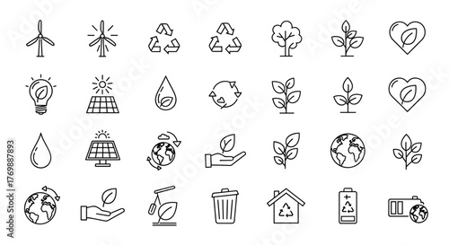 Vivid line icon set representing ecology, environment, sustainability, and green concepts, featuring renewable energy sources like wind turbines and solar panels, recycling symbols, plant growth