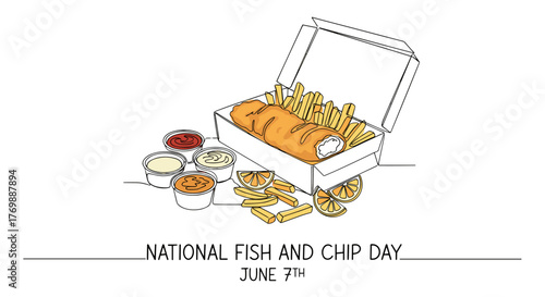 Continuous line drawing of classic fish and chips served in a takeaway box with dipping sauces and lemon slices, celebrating National Fish and Chip Day on June 7th, a beloved British culinary