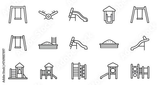 A comprehensive collection of thin line icons representing playground equipment, featuring kid's swings, slides, sandboxes, and climbing structures, presented as vector elements on a clean white