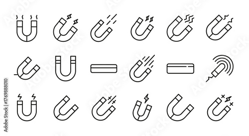 Collection of modern magnet outline icons, a set of versatile illustrations for mobile apps, websites, flyers, banners, and more, all isolated on a clean white background, representing magnetism and