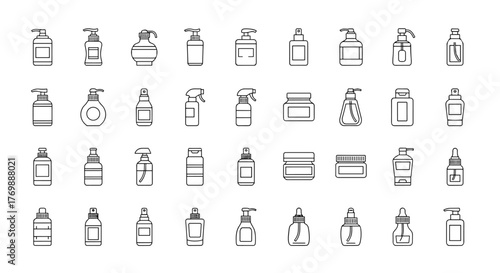 Collection of minimalistic thin line icons representing various cosmetic bottles, including pump dispensers, spray bottles, jars, and dropper bottles, perfect for web, graphic design, apps, banners