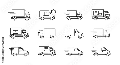 A diverse collection of thin line icons representing delivery trucks, vans, and various vehicles, perfect for web design, book illustrations, greeting cards, and mobile applications, offering