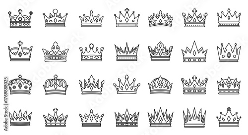 Collection of diverse crown icons in a clean, white outline style against a stark black background, perfect for graphic design, web elements, app interfaces, and advertising materials, symbolizing