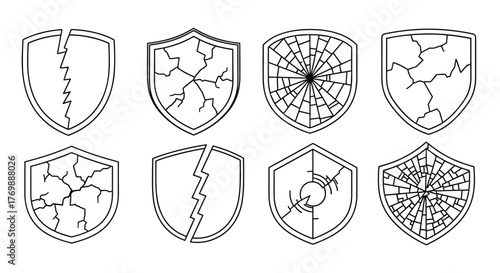 Collection of eight cracked shield outline icons, representing broken security, vulnerability, and damage, perfect for graphic design, web elements, apps, advertisements, and various card designs