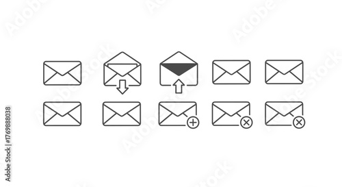 Collection of outline envelope icons representing various email functions, including sending, receiving, adding new messages, and closing or deleting emails, presented on a clean white background for