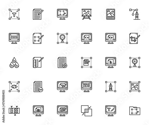 Art and Editor icon set. Vector graphic collection fr editing, typography, anddesign. Includes text, conent, crop, color control, oom, alignment, folder, an more.