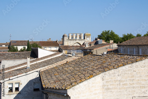 Bells atop Notre-Dame-des-Sablons (Our lady of the sands) church in Aigues-Mortes medieval city Aigues-Mortes , Camargue, France