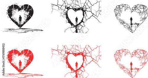 Collection silhouette of Broken heart illustration set vector design love heartbreak pain sadness grief art
