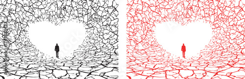 Collection silhouette of Abstract art illustration of man in heart shaped tunnel black and red artwork