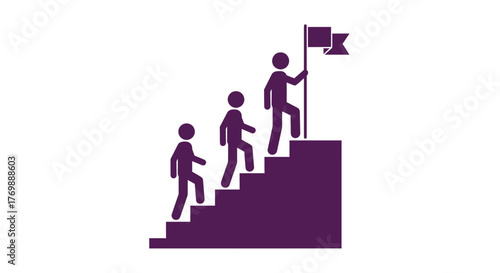 People climbing stairs towards a flag representing success a purple silhouette
