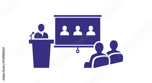 Presentation with speaker projection screen and audience in dark blue silhouette