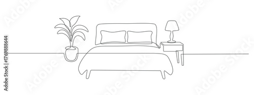Continuous one line drawing of double bed in bedroom. Modern interior and heim furniture in simple Linear style. Doodle outline vector illustration