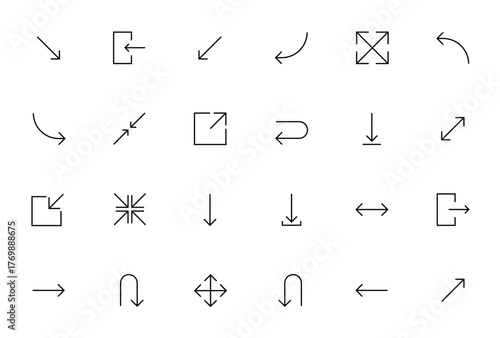Arrow icon set. Minimal vector line icons pack. Incldes symbols for diagonal, xpand, download, log in, lg out, left, right, up, don arrows, move, focus and ore. Editable stroke.