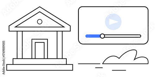 Classical building symbolizing education with a video player interface and cloud-thumbs up element. Ideal for e-learning, digital resources, education, technology, modern learning, streaming
