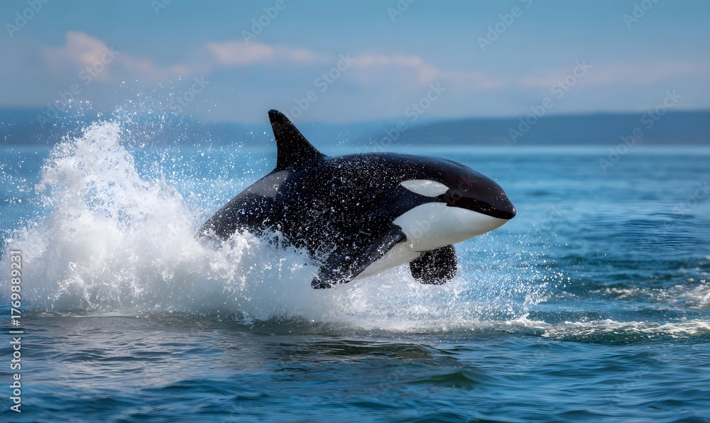 Obraz premium majestic orca breaching high out of the ocean