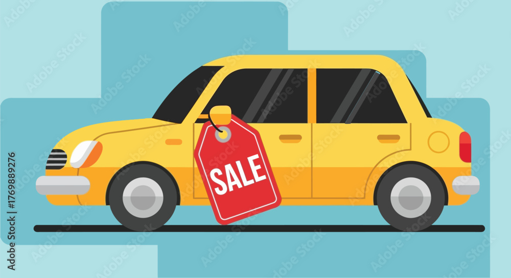 Fototapeta premium Yellow car with a sale tag hanging simple vector silhouette