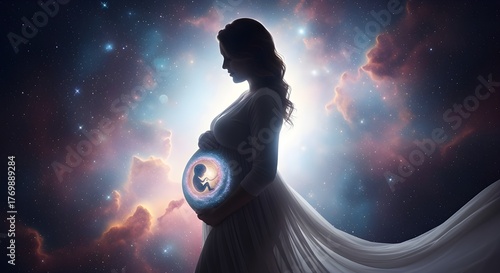 Silhouette of pregnant woman with embryo inside her belly in universe