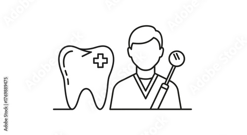 Dental health illustration with a tooth and dentist figure silhouette