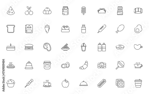 Foods and Beverages icon set. Vector illustration. Icludes symbols for cheese,cake, hamburger, coffee, mlk, juice and more. Editabe stroke.