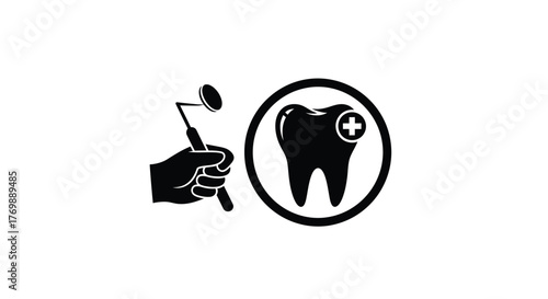 Dental care symbol depicting a hand holding a mirror and tooth silhouette
