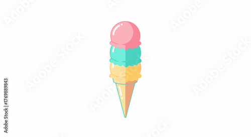 Colorful triple scoop ice cream cone illustration, a sweet refreshing dessert graphic for summer