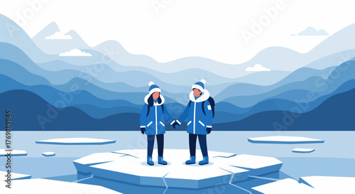 Adventurous couple in winter gear explores an icy landscape, standing on a frozen floe amidst cold nature