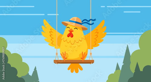 Cheerful Yellow Chicken Swinging Joyfully, Smiling and Enjoying the Day Outdoors